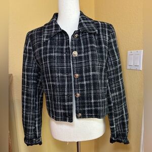 Zara Black and White Tartan Plaid Blazer with gold buttons. NWT. Large
